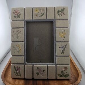 Malden VTG Floral Tile Picture Frame Beige‎ Stone Look Photo Frame Handpainted